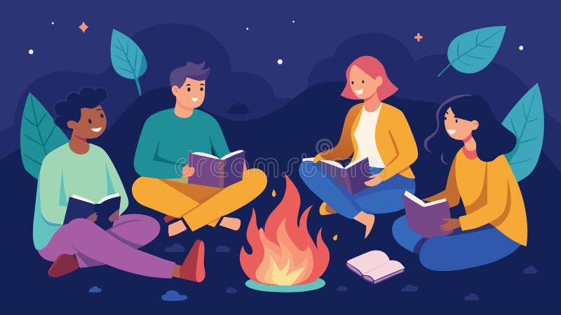 A group of friends sits around a bonfire passing around their journals and sharing their innermost thoughts in a stock illustration