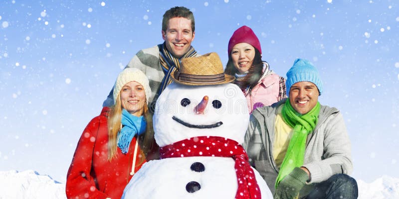 Group Of Friends in The Snow Smiling Cheerful Concept royalty free stock photography Group Of Friends in The Snow Smiling Cheerful Concept royalty free stock photography