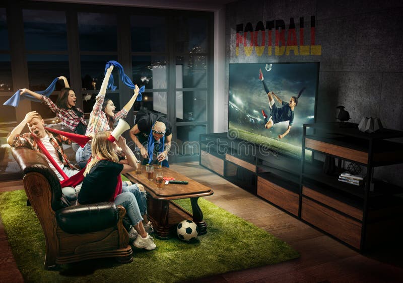 Group of friends watching TV, football match with flag, sport games