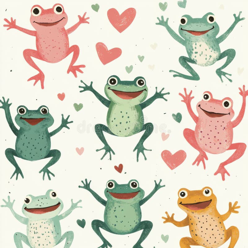 A group of frogs are jumping and smiling, with hearts in the background royalty free stock image