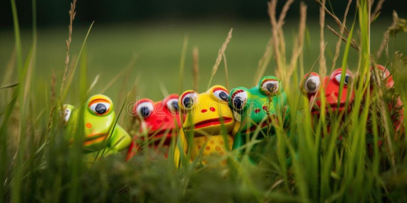 A group of frogs sitting in the grass. Generative AI image. royalty free illustration
