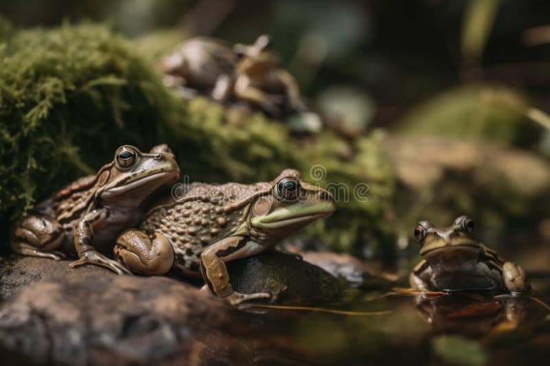 A group of frogs sitting on top of a moss covered rock. Generative AI image. stock illustration