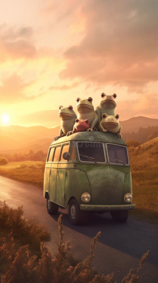A group of frogs sitting on top of a van. Generative AI image. stock illustration