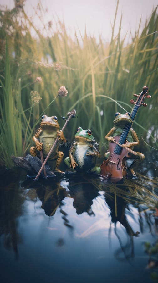 A group of frogs that are sitting in the water. Generative AI image. royalty free illustration