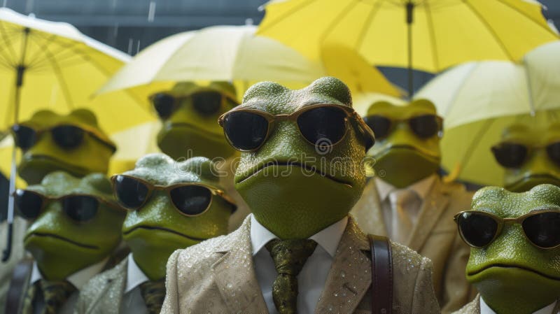 A group of frogs wearing suits and sunglasses. AI stock illustration