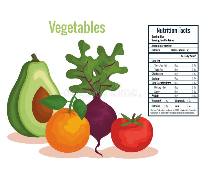 Group of Fruits and Vegetables with Nutrition Facts Stock Vector