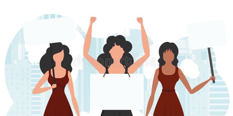 A group of girls came out to protest. Banner in blue tones. Cute illustration in flat style. royalty free illustration