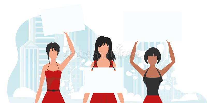 A group of girls came out to protest. Banner in blue tones. Vector in cartoon style. vector illustration