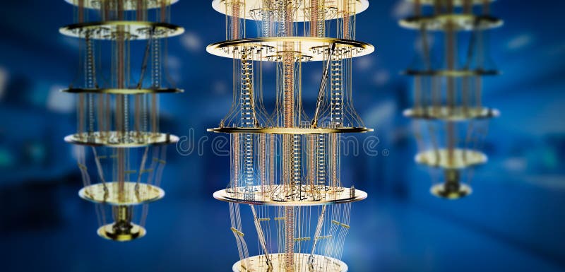 Group of golden quantum computer machines vector illustration