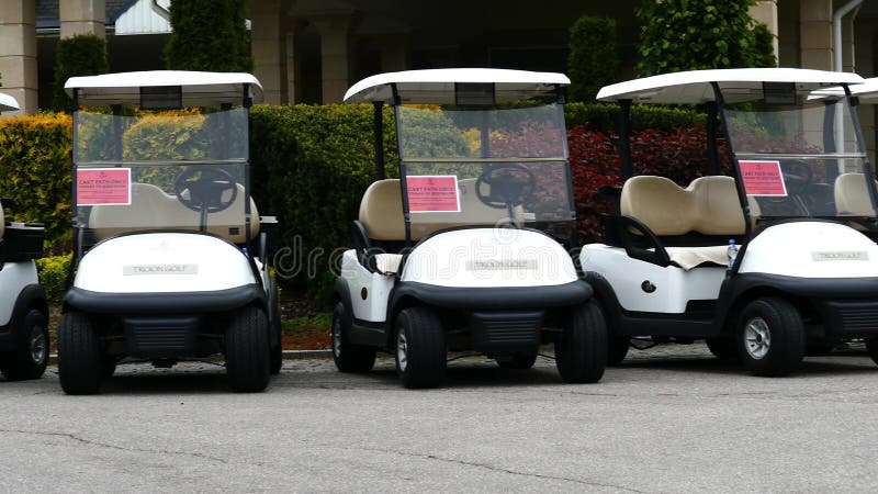 Group of golf cars in front of Aglalrov estate golf club.