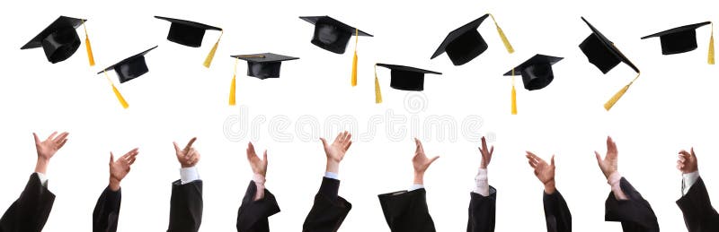 Group of graduates throwing hats against white background, closeup. Banner design