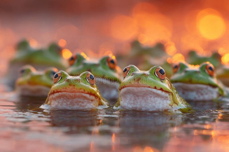 Group of Green Frogs in Sunset Water Reflection vector illustration