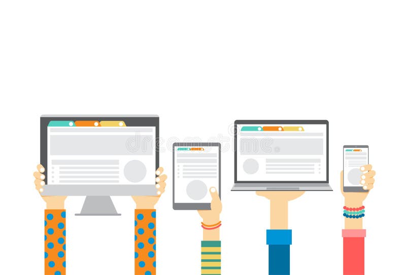 Group Hands Holding Smart Cell Phone Tablet Laptop Computer Monitor, Technology Concept vector illustration