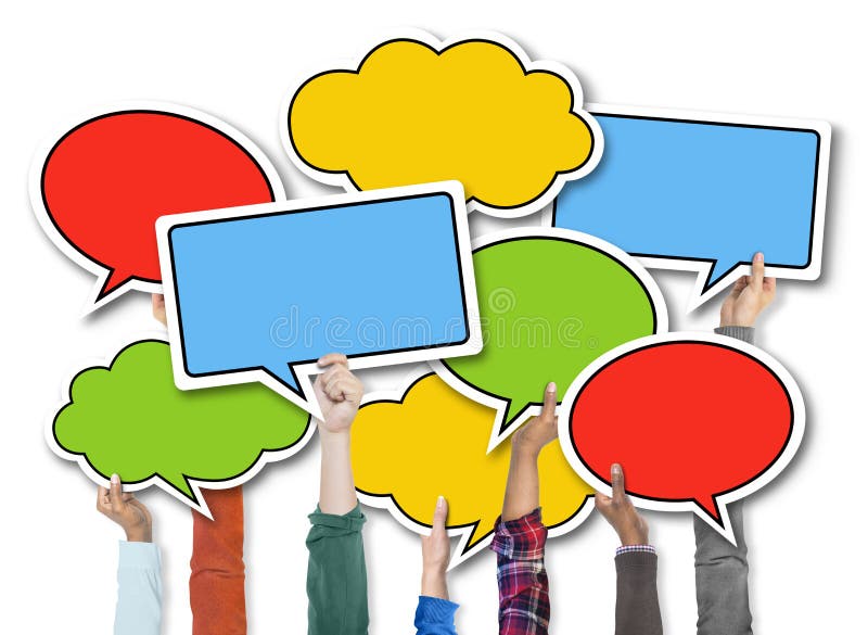 Group of Hands Holding Speech Bubbles.