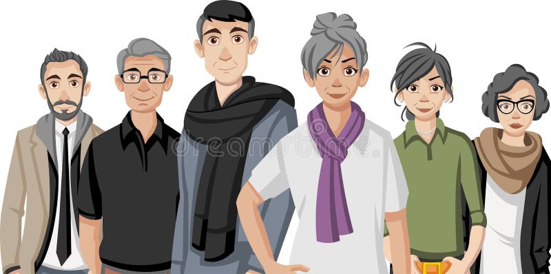 Group of happy cartoon old people