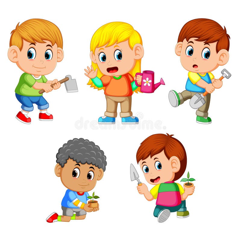 A group of happy children holding the garden tools