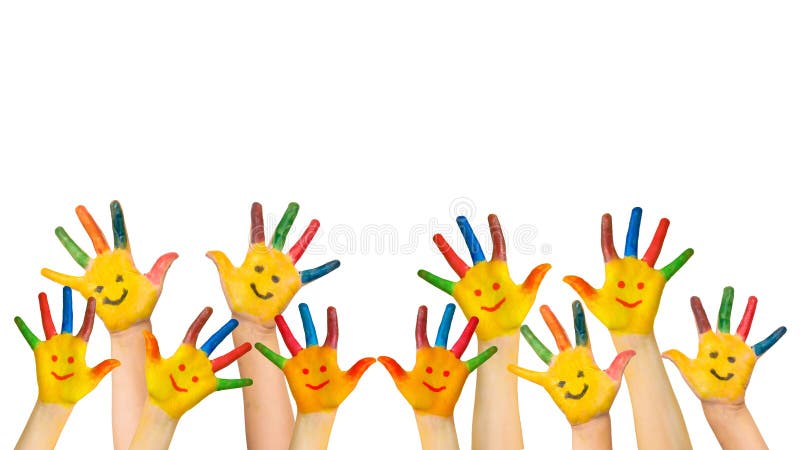 Group of happy children raises hands up. Children`s hands with painted colorful palms and painted smiling faces. Joy, success, school, education, happy stock photos