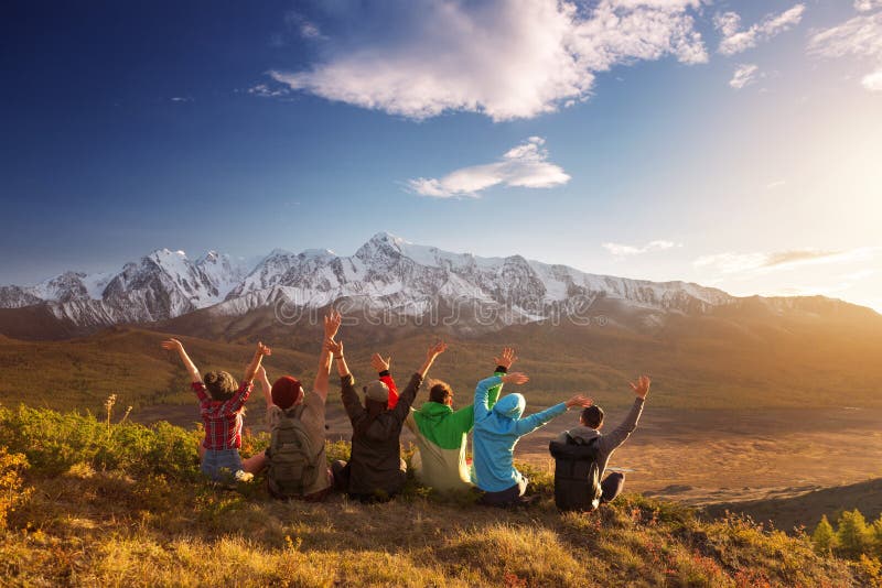 Group happy friends having fun mountain top stock photos