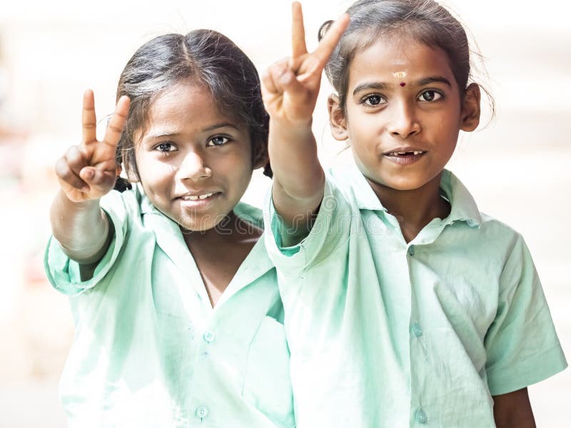 Group of Happy Funny Children Friends Classmates Smiling Doing Victory  Peace Sign Gesture with Fingers at the School. School Kids Editorial Photo  - Image of looking, indian: 165852266