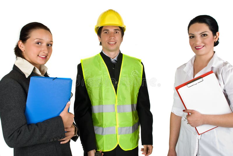 Workers with different careers: doctor female,architect man and business woman isolated on white background,check out. Architect uniform stock images, royalty-free photos and pictures