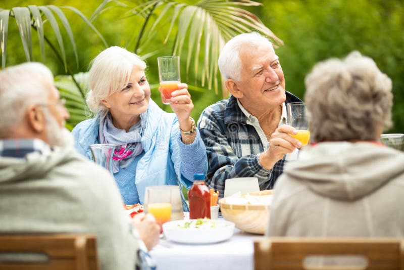Happy senior people during garden party royalty free stock image