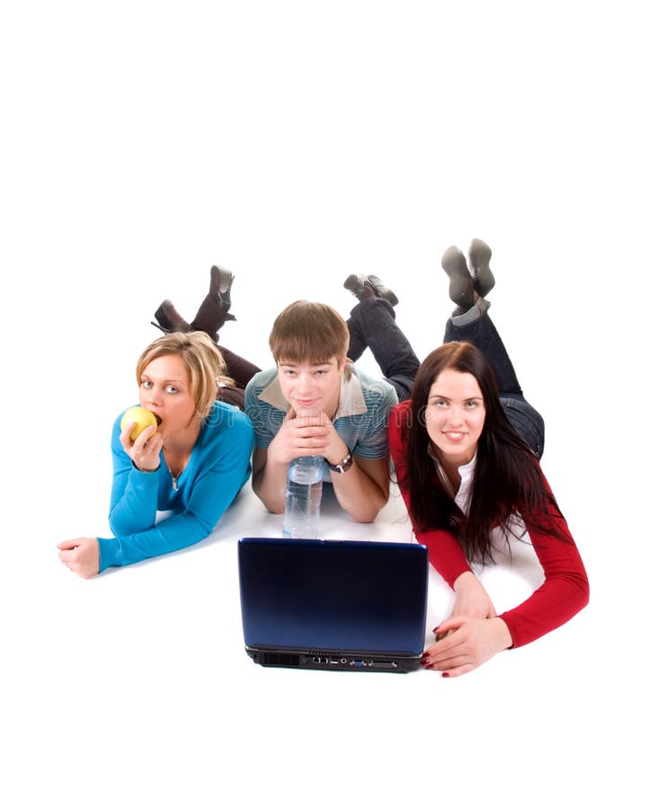 Group of happy students with the laptop