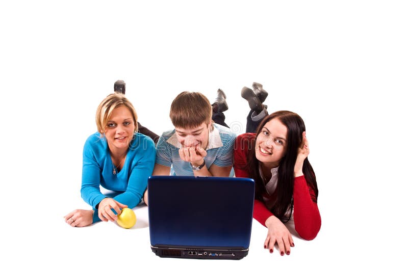 Group of happy students with the laptop