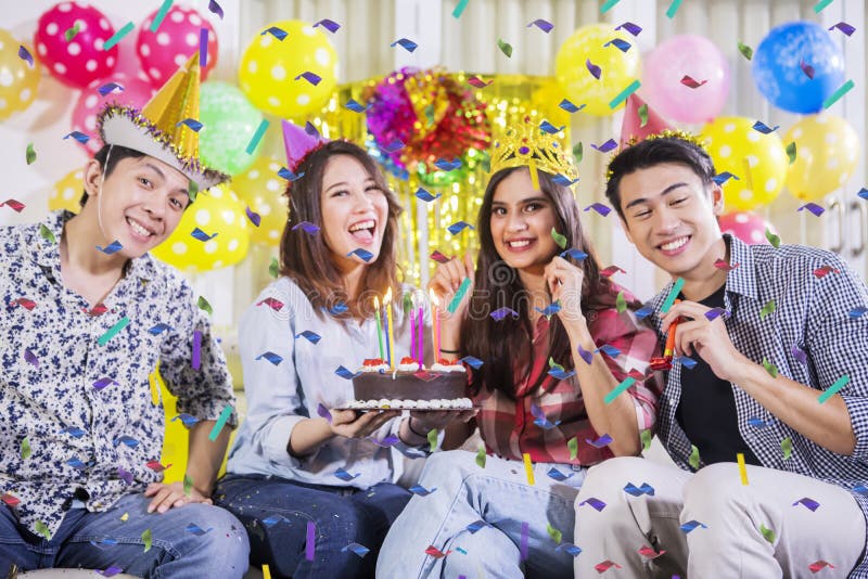 Happy Young People Celebrating Birthday at Home Stock Photo - Image of ...