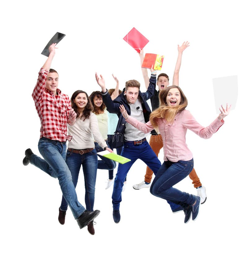 Group of happy young people jumping - isolated over a white background