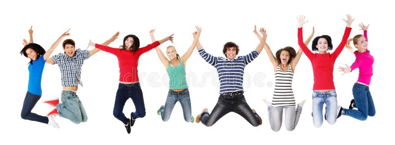 Group of happy young people jumping - isolated over a white background. Group of happy young people jumping - isolated over a white background