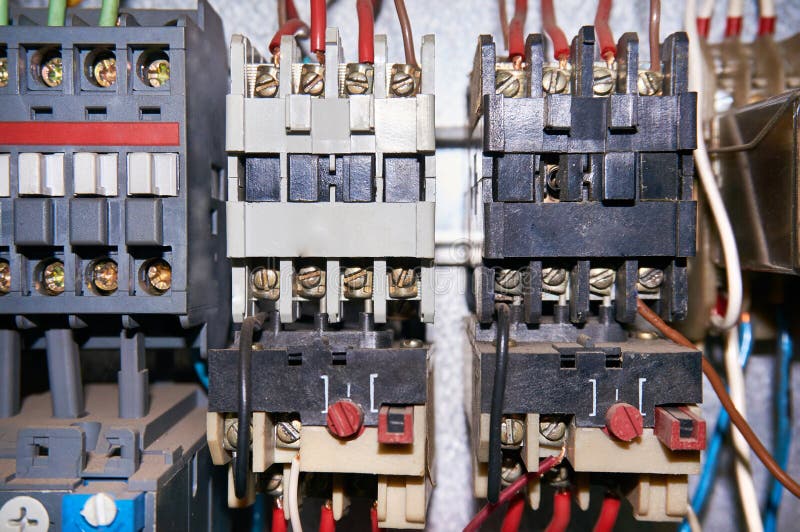A Group of Electrical Relays with Connected Wires. Stock Photo Image
