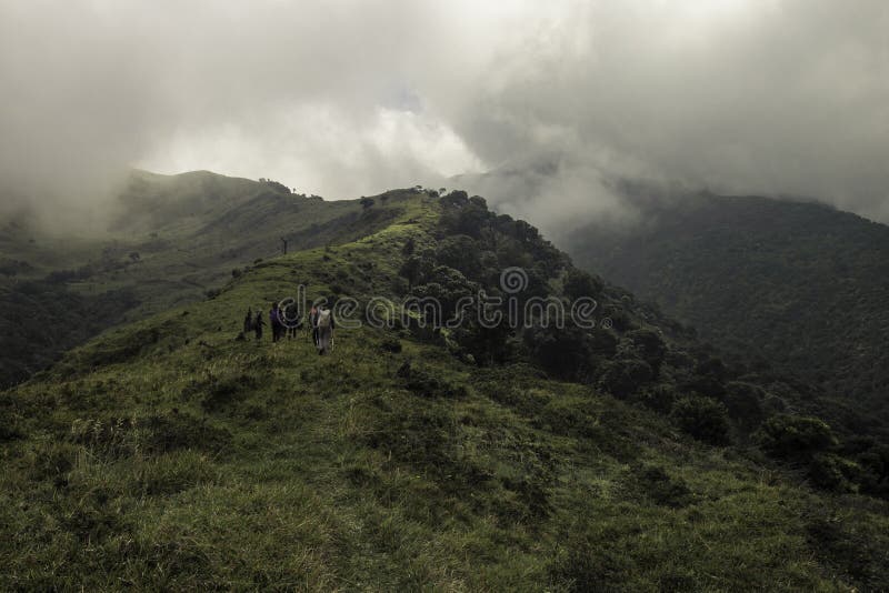 Group of hikers up a hill in the green mountains of Costa Rica stock photos