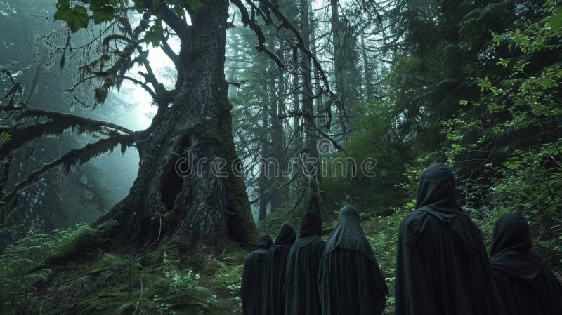 A group of hooded figures stands together backs to the camera as they face a huge ancient tree. In the stillness of the stock image