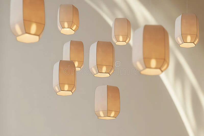 Group of illuminated geometric lanterns hanging from ceiling with soft light lamp vector illustration