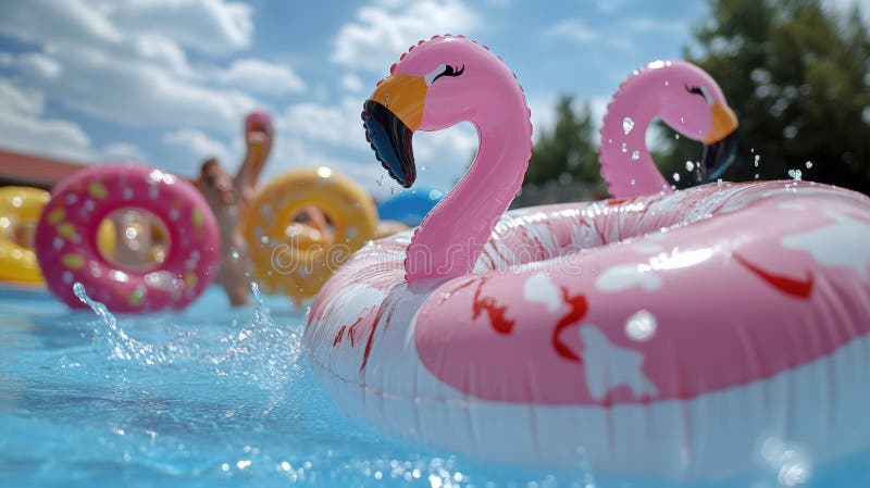 A group of inflatable flamingos floating in a pool, AI stock photo