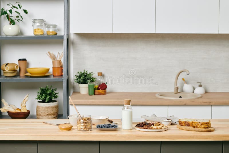 Group of Ingredients for Healthy Breakfast on Kitchen Table Stock Image