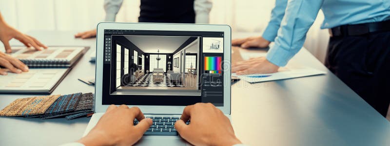 Group of interior architect at table choosing material selection. Insight stock images