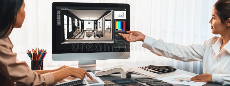 Group of interior architect at table choosing material selection. Insight royalty free stock photography