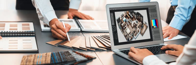 Group of interior architect at table choosing material selection. Insight stock images