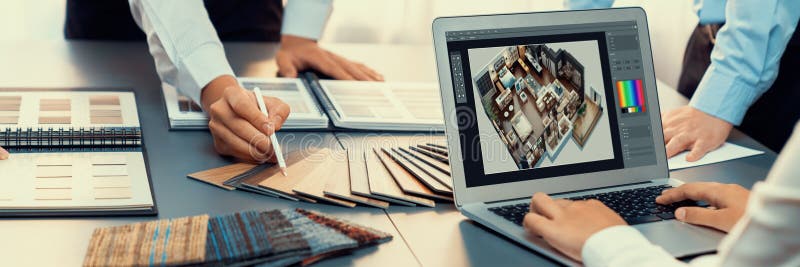 Group of interior architect at table choosing material selection. Insight stock photos