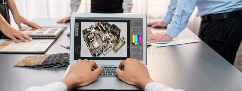 Group of interior architect at table choosing material selection. Insight royalty free stock images
