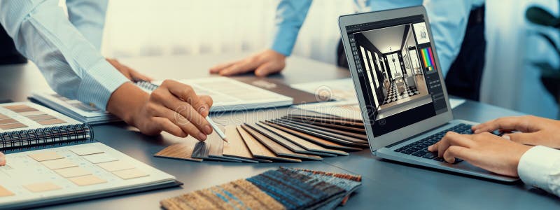 Group of interior architect at table choosing material selection. Insight royalty free stock photos
