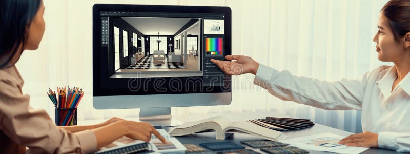 Group of interior architect at table choosing material selection. Insight royalty free stock photography