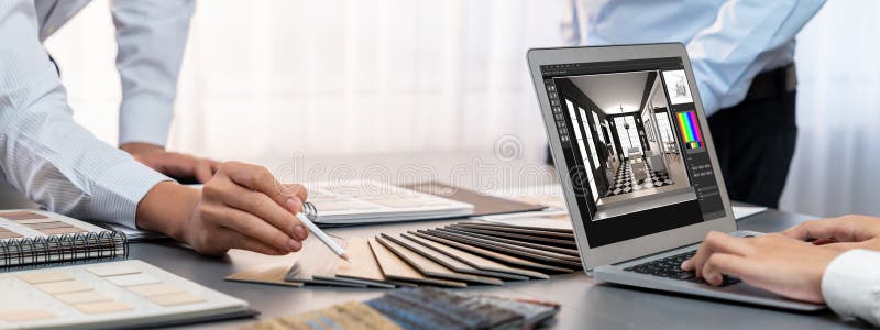 Group of interior architect at table choosing material selection. Insight royalty free stock photos