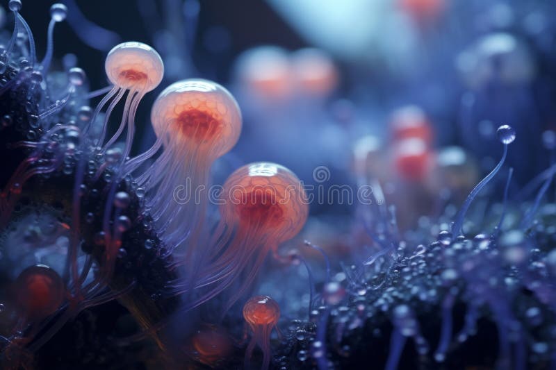 A Group of Jellyfish with Red and Blue Colors Stock Illustration