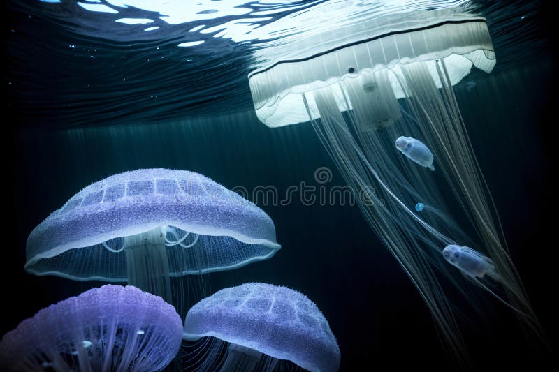 A Group of Jellyfish Swimming Under Water. Generative AI Stock
