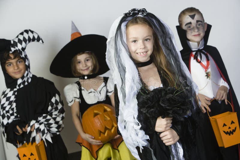 Halloween Party with Children Wearing Costumes Stock Image - Image of ...