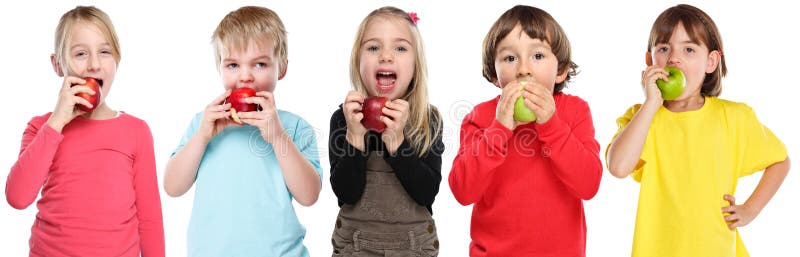 Group of kids children eating apple fruit autumn fall healthy isolated on white stock images Group of kids children eating apple fruit autumn fall healthy isolated on white stock images