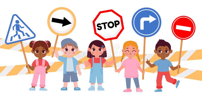 Children with traffic light and caution sign, road safety rules. Cartoon  school kid crossing street crosswalk. Pavement education vector set Stock  Vector Image & Art - Alamy