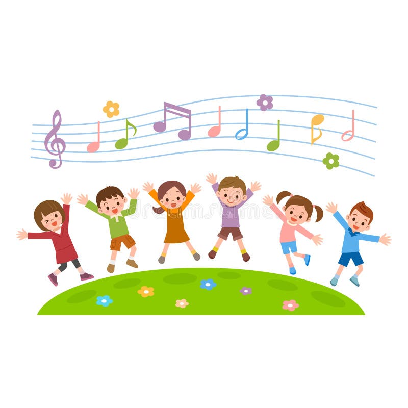 Group of kids jumping on grass hill stock illustration